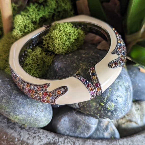 Rina Limor Off White Enamel Bracelet 925 Sterling Silver Clamper Bangle Signed - Picture 8 of 8